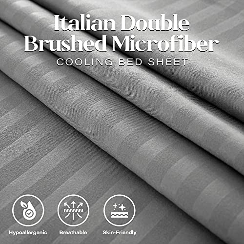 Full Italian Prestige Collection Striped Bed Sheet Set – 1800 Luxury Soft Microfiber Hypoallergenic Deep Pocket 4-Piece Bedding Set - Wrinkle, Stain, Fade Resistant - Grey #TOP3