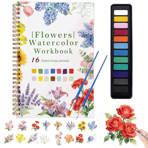 Flowers Watercolor Workbook Coloring Book, Water Color Paper Art Set,