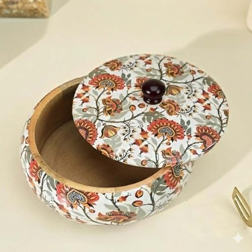 Image of HandmadeWood Roti Box with Lid | Enamel-coated Chapati Box for Serving & Storage | Wooden Hot Pot Casserole Dabba for Bread, Snacks, and Roti (22.5W) 22.5L 12.5H, Floral