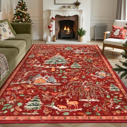 Lahome Christmas 5x7 Area Rug, Washable Soft Rug for Living Room, Non Slip Xmas Tree Ultra Thin Bedroom Rug, Indoor Floor Carpet for Dining Room Winter Holiday Decor, Red 5' x 7' (Rectangula
