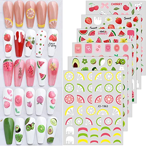 Dornail 6 Sheets Summer Fruit Nail Stickers 3D Lemon Strawberry Watermelon Peach Avocado Cherry Nail Decals Self Adhesive Sticker Flower Leaf Diy Nail Design Nail Art Decoration #TOP5