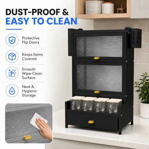 Image of Kitchen Storage Cabinet | Kitchen Cabinet with 2 Layer Kitchen Organiser, Drawer, 4 Storage Boxes & Side Holders | Dustproof Space Saving Carbon Steel Shelf | Black 41 CM, Pack of 1