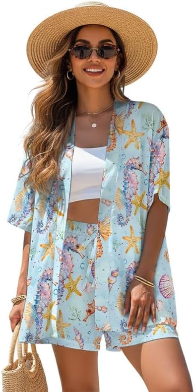 Irisjudy Short Sets for Women Vacation 2 Piece Vacation Outfits - Open Front Kimono Cover Up Summer Cruise Wear