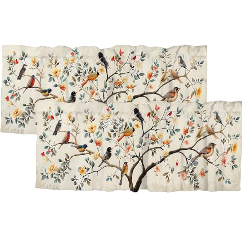 XZFORMFINA Bird Valances Curtains Boho Tree Fallen Leaf Cartoon Beige