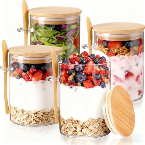 Overnight Oats Containers with Lids 16oz475ML) Overnight Oats Jars 4 Pack Oatmeal Cups Meal Prep Containers Glass Meal Prep with Lids China Pudding Jars