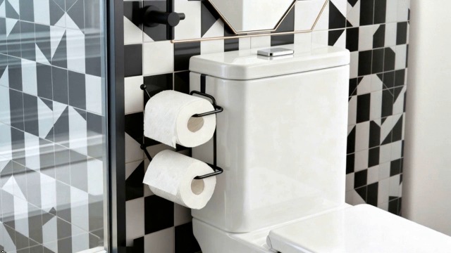 Image of Basicwise Over-the-Side Tank Double Toilet Paper Holder Compact Modern Bathroom Organizer Practical Storage Rack for Extra Rolls Offering Quick & Easy Access for Everyday Use Neat Space Accent, Black