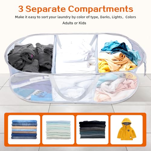 Image of Durable Collapsible Foldable Mesh Pop Up Laundry Basket, 3 Compartments Easy to Carry & Sort Clothes Hampers for Home, Dorm, Travel White (Pack of 2)