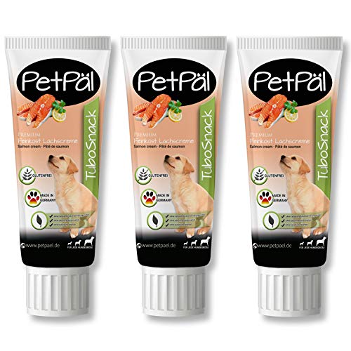 PetPäl Hunde Lachscreme “TuboSnack“ - Ohne Getreide, Salz, Zucker - Premium Leckerli aus der Tube - Lecker, gesund mit Omega Fettsäuren - Ideal auch für Welpen - 3X 75g Hunde Snack Made in Germany