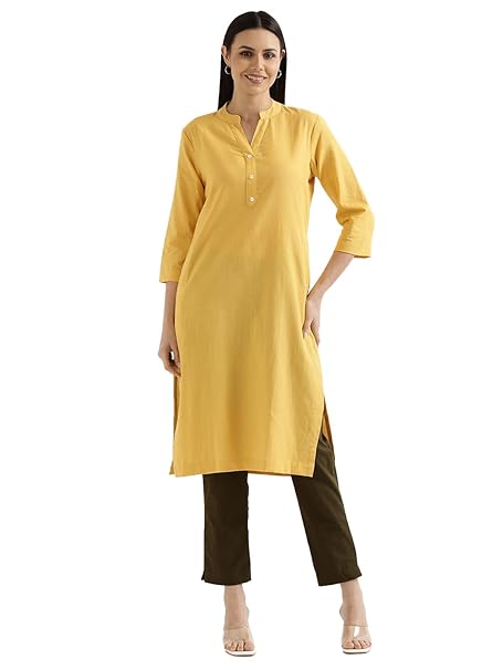 SAADAA Women's Linen Straight Fit Straight Long Kurta Airy Plain Kurta, 3/4 Sleeve, Knee Length Kurtis with Pockets, Casual and Office Wear