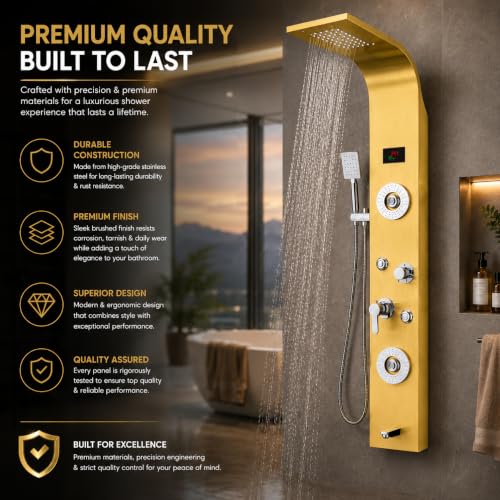Image of ZeeCry 7 in 1 Full Set Stainless Steel 304 Shower Panel for Bathroom with Hand Shower /Showerhead /Body Massage Jets /Shower System with Hot & Cold Mixer (3 function hand shower) (Gold)