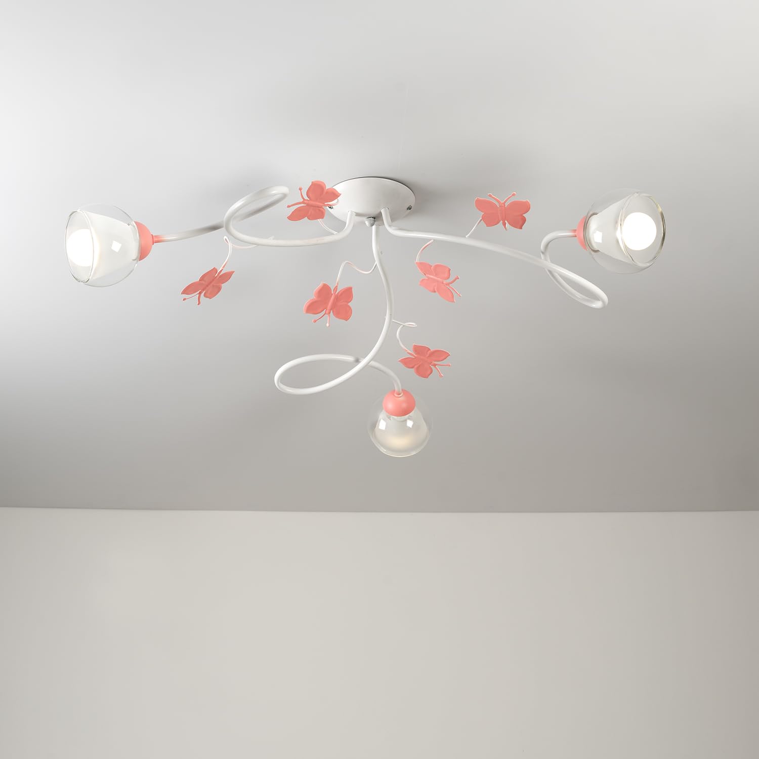 ONLI Plafoniera 3 luci cameretta in Metallo Bianco con Farfalle dipinte in Rosa