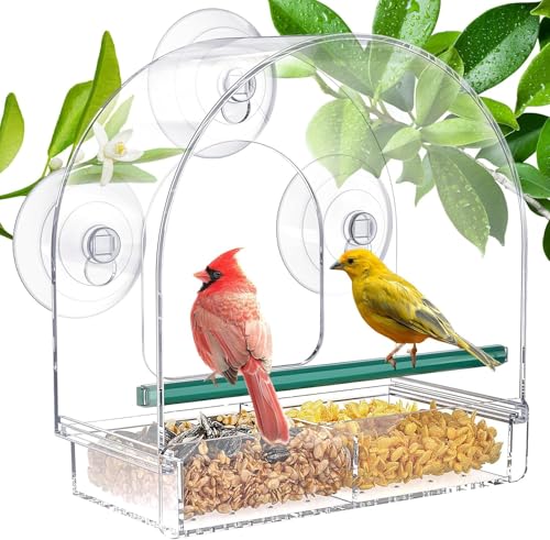 WELDUN Fenster Futterhaus für Vögel, Transparent Vogelhaus Futterspender mit starken Saugnäpfen abnehmbar Vogelfutterspender, für kleine Wildvögel, Finken, Kardinal, Bluebirds, 20 * 10 * 21cm
