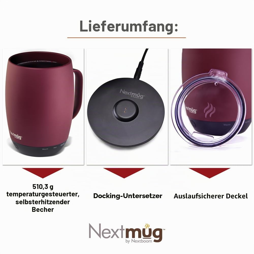 Nextmug Plus (Burgundy - 510.3 g) Temperaturgesteuerter, selbstheizender Becher - Keine App, langlebiger Akku für Arbeit & Studium, tolles Geschenk für Kaffeeliebhaber