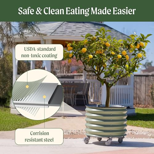 Image of Rolling Metal Citrus Tree Planter Gen 2, Self-Watering Round Large Pot for Growing Trees Tomatoes Outdoor Plants and Flowers, Raised Garden Bed with Wheels for Porch Patio & Backyard, Modern Gray