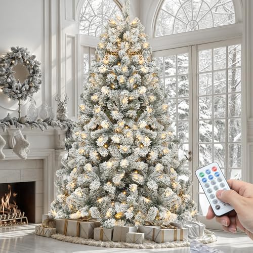 YITAHOME Prelit Snow Flocked Artificial Full Christmas Tree 6ft with Remote Control, Christmas Pine Tree with 11 Light-Modes, 1000 Branch Tips, and Foldable Base for Home, Party Decoration W