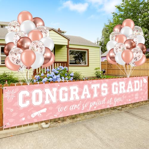Image of 37Pcs Graduation Banner Balloon Decorations Class of 2026, Congrats Grad Banner Yard Outdoor Decorations, Graduation Balloons Banners Set for High School College Grad Party Supplies, Pink