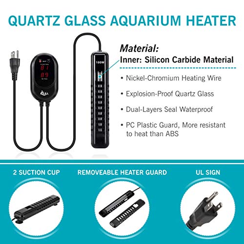 Image of AQQA Fish Tank Heater 100W for 25-35 Gallon Mini Aquarium Heater Quartz Glass Submersible Heater for Aquarium Betta Fish Heater Aquarium Thermostat Heater Freshwater & Saltwater(100W for 25-35 Gal)