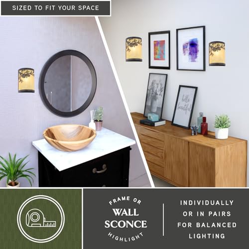 Image of VAXCEL Douglas 1-Light 8 in. Wide Warm Bronze Indoor-Outdoor Rustic Flush Mount Wall Sconce with Pinecone Cutout and Amber Flake Glass Shade, Dimmable, LED Compatible, Bathroom Vanity Lighting Fixture
