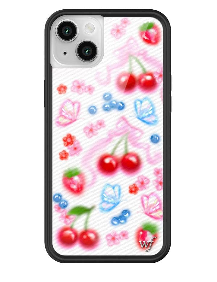 Wildflower Cases - Sweet Cherries Case, Compatible with Apple iPhone 14 Plus | Blue, White, Red, Trendy, Fruit, Cherry - Protective Black Bumper, 4ft Drop Test Certified, Women Owned Small Business
