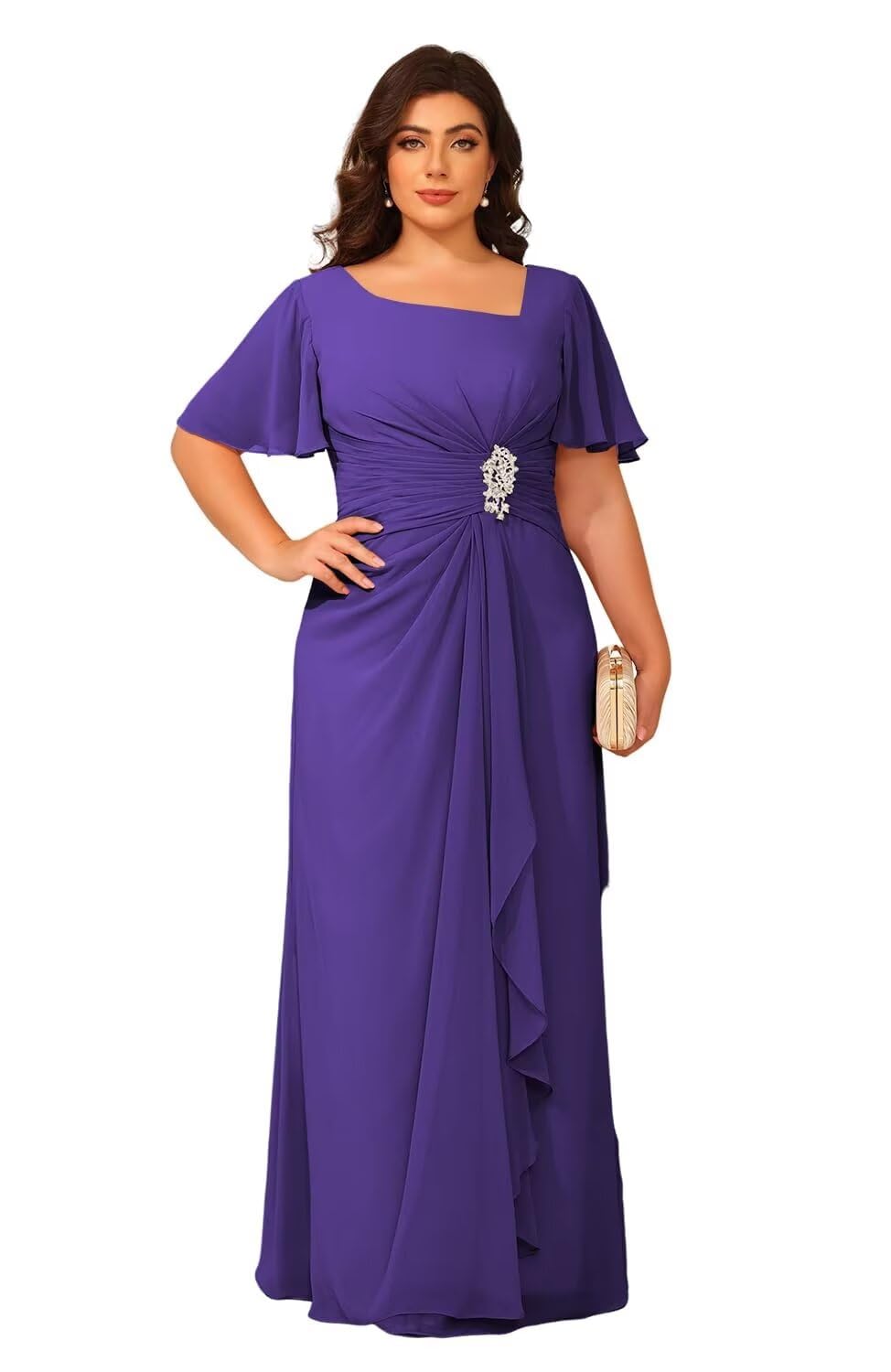 vintys Women's Chiffon Mother of The Bride Dresses with Sleeves V Neck A Line Formal Evening Dress VS164N