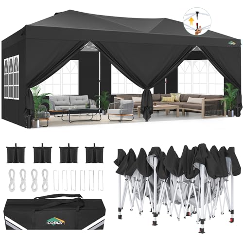 COBIZI Canopy 10x20 Pop Up Canopy Tent with 6 Sidewalls, One Push Party Tents for Parties Outdoor Wedding Waterproof Gazebo Commercial Event Tent with Sandbags, Black