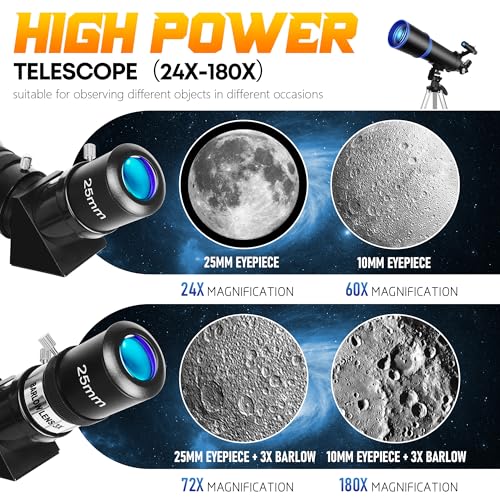 Teleskop für Astronomie für Kinder&Erwachsene Anfänger, 24x-180x, 80mm Öffnung 600mm...