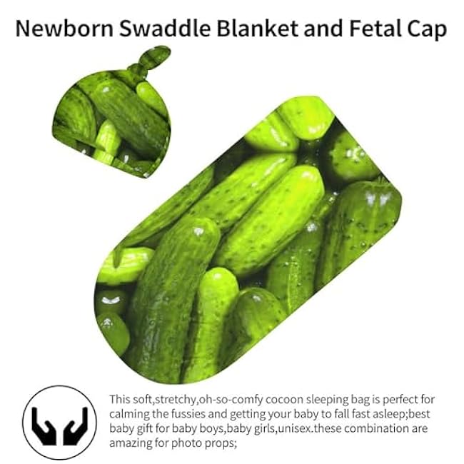 3D Funny Realistic Food Green Pickles Cucumbers Newborn Swaddle Blanket With Beanie Hat - Soft Baby Sleep Sack, Receiving Blanket, Wraps - Gifts for Boys Girls Infant