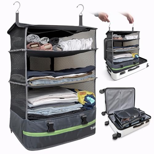 Stow-N-Go Portable Hanging Travel Shelves, Packing Organizer for Luggage. Carry on Closet for Clothes. Expandable Packing Cube. Travel Essentials. Dak Gray - XL