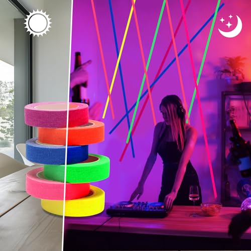6 Rollen Neon Klebeband, Fluoreszierendes UV-Aktiv Tape, Leuchtklebeband für Schwarzlicht Party, Partydeko, Halloween, Bühnenmarkierung, Handwerk - Wasserfest & Schreibbar (5m x15mm)