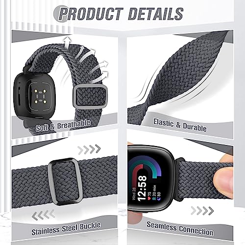 SHIJZWD 2 Pack Elastic Braided Strap Fitbit Versa 4/3/Sense 2/3 Nylon Band, Black+Space Grey, 5.3-8.6 inches - Image 3