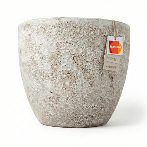 Teramico Premium Pflanzkübel Keramik glasiert – 100% Frostfest & Handarbeit. Blumenkübel mit Loch für Außen & Innen. Hochwertiger Übertopf Unikat Winterfest (Lava Weiß, 21cm x 18cm)