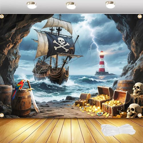 7x5ft Pirate Ship Backdrop with 19.69ft Ribbon - Nautical Adventure Photography Background for Pirate Themed Parties, Halloween Decor & Photo Booth Props
