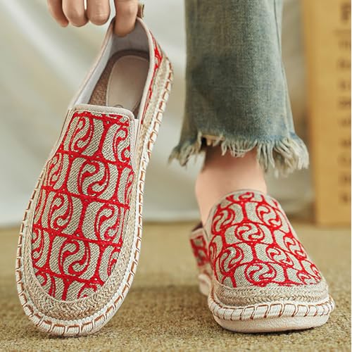 MILDSEVEN Fashion Men's Casual Linen Shoes, Slip On Traditional Chinese Breathable Footwear, Handmade Soft Retro Loafers,43,Red3