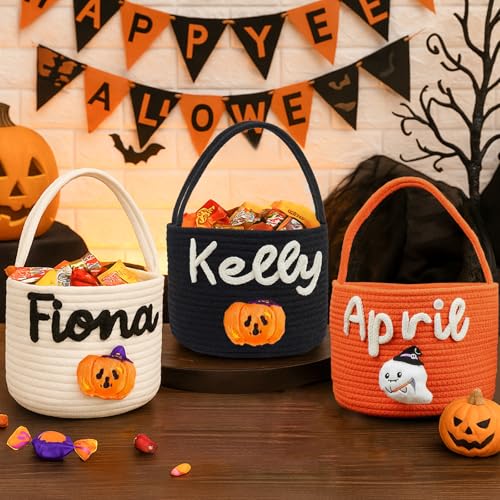 Custom Halloween Trick or Treat Basket with Name | Personalized Halloween Candy Bucket Gift for Boys Girls | Customized Pumpkin Bucket Ghost Bucket