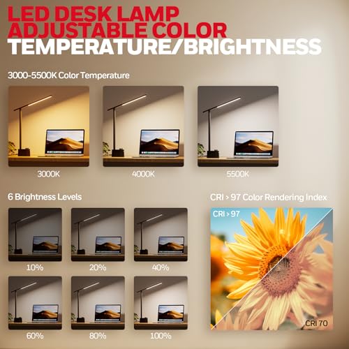 Honeywell LED Desk Lamp, Sunturalux™ Black Desk Lamps for Home Office USB | Foldable LED desk lamp with USB-C/A charger, RG0 eye-safe, CRI95, stepless dimming 10%-100%, 3 color temps (3000K-5000K) - image 4