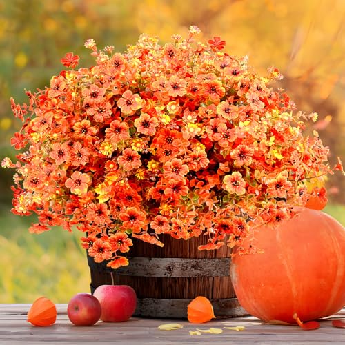 Artificial Fall Flowers Faux mums for Outdoor Indoor Garden Home Decoration, Faux Flower Daisy with Eucalyptus Leaves Fake Mums Plants Greenery Boxwood Porch Patio, 16 Bundles (Artificial Mums)