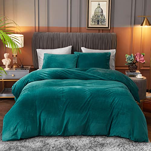 Ivellow Velvet Duvet Cover Set Queen Size 3 Pcs Peacock Blue Luxury Flannel Velour Duvet Cover Zipper Closure Corner Tie