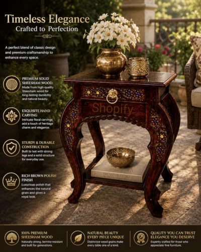 Image of Shopify Wooden Stool-Natural Wood Antique Look Side Table with Drawer for Living Room (Brown, 14 x 14 x 21 inch)
