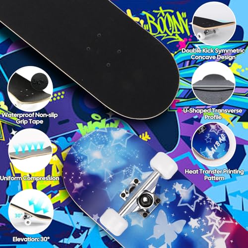 Image of Skateboards for Beginners Adults Youths Teens Kids Girls Boys 31 Inch Pro Complete Skate Boards 7 Layer Canadian Maple Double Kick Concave Longboards