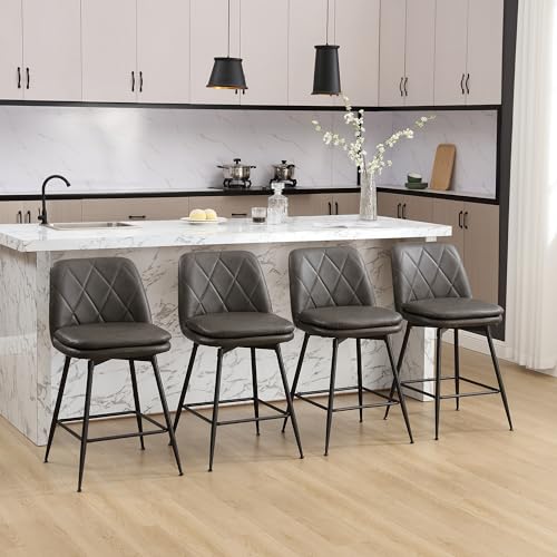 Image of Swivel Bar Stools Set of 4, Swivel Counter Height Bar Stools Set with Metal Legs and Upholstered Faux-Leather Seats, Modern Bar Stool with Back for Kitchen Island (A26 H, Grey)