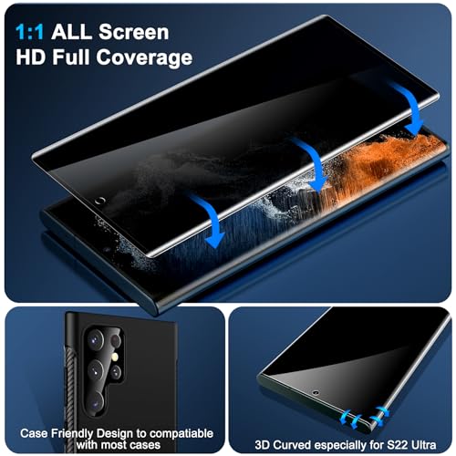 [2+2 Pack] Galaxy S22 Ultra Privacy Screen Protector, 9H Tempered Glass, Ultrasonic Fingerprint Support, 3D Curved, HD Clear Anti-Spy Film for Samsung S22 Ultra 5G Glass Screen Protector by Arshek - Image 4