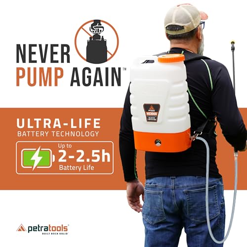 PetraTools 3 Gallon Battery Powered Backpack Sprayer in Lawn and Garden - HD3000 - Long Battery Life & Padded Straps for Comfort - Electric Sprayer w/ 6 Spray Nozzles & 80PSI (3 Gallon)