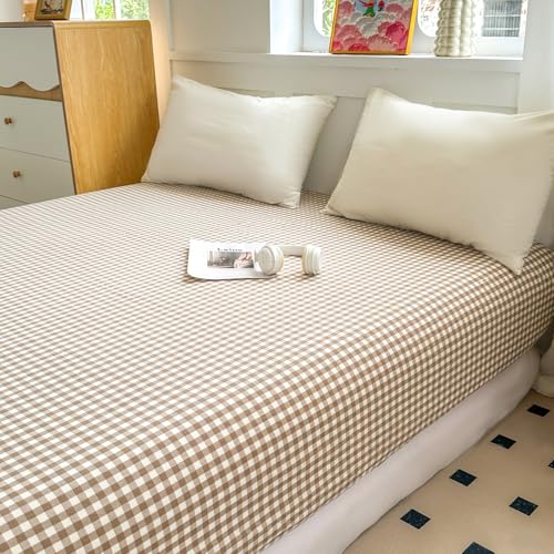 Image of Mucalis Tan Gingham Fitted Sheet Queen Only Deep Pocket 16 Inch 100% Washed Cotton Beige Plaid Checkered Bottom Sheet,Soft,Breathable,Easy Care