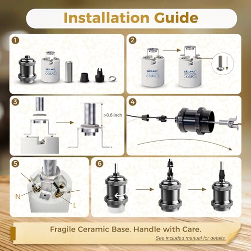 Image of DiCUNO Vintage E26 Lamp Socket, Edison Retro Pendant Lamp Holder, Industrial and Decorative for DIY Lighting, 600℃ Heat Resistant 6 Packages (Color: Pearl Black)