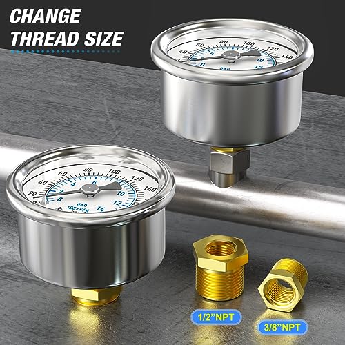 meanlin measure 0200psi dry pressure gauge stainless steel 1434 npt 234 face dial waterproof for air compressor air regulator water filter center back mount with 1234 npt and 3834 npt hex bushing