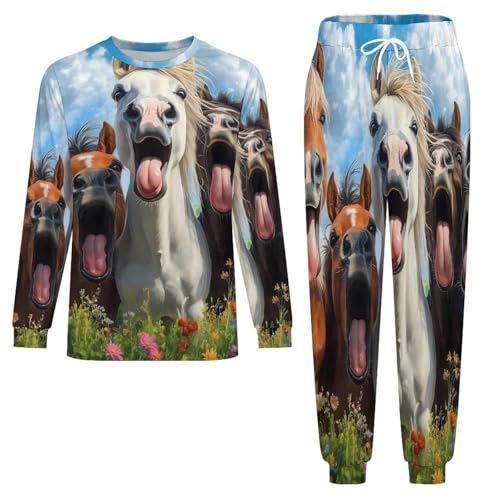 Funny Horse Men’s Pajama Set Long Sleeve Top And Pants Loungewear Sleepwear Pjs Nightwear3