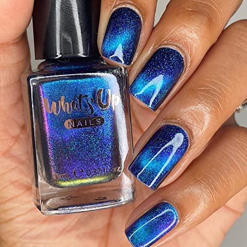 Whats Up Nails - Night Contrails Magnetic Nail Polish Dark Blue Base W/Teal-Purple Cat Eye Effect, Green-Blue Iridescent Duochrome Shimmer Lacquer Varnish Made In Usa 12 Free Cruelty Free Vegan Clean #TOP4
