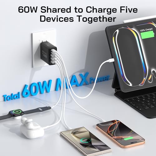 Image of 2Pack USB C Fast Charger Block, Total 60W 5-Port USB C Wall Charger 30W