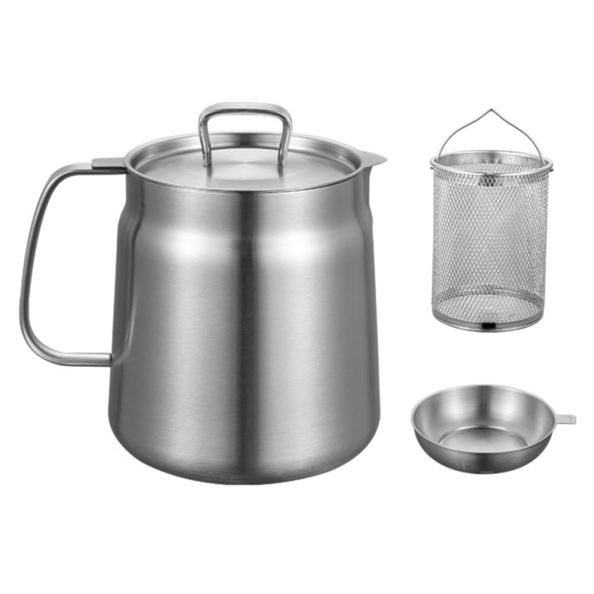 SHINEOFI Jarra de Aceite de Acero Inoxidable de 2l Filtro y Cesta para Freidora, Contenedor de Grasa para Cocina Familiar y Restaurante, Resistente y Fácil de Limpiar