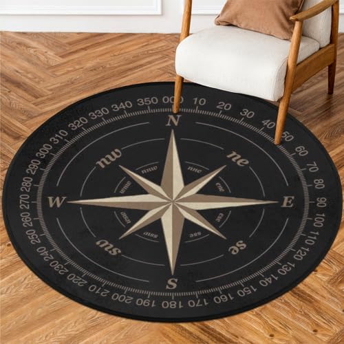 Kompass Rose runder Teppich, Kunstwerk, schwarz, rutschfest, Kreis-Teppich für Schlafzimmer,...